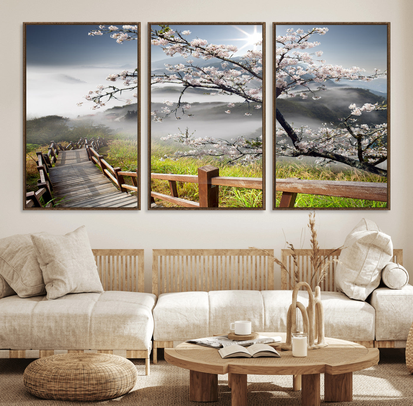 34632598CRY-MGV-FC-60X30-3P_Walnut-Sakura Cherry Blossom Pathway Canvas Wall Art – Tranquil Walk Through Blossoming Nature – Ready to