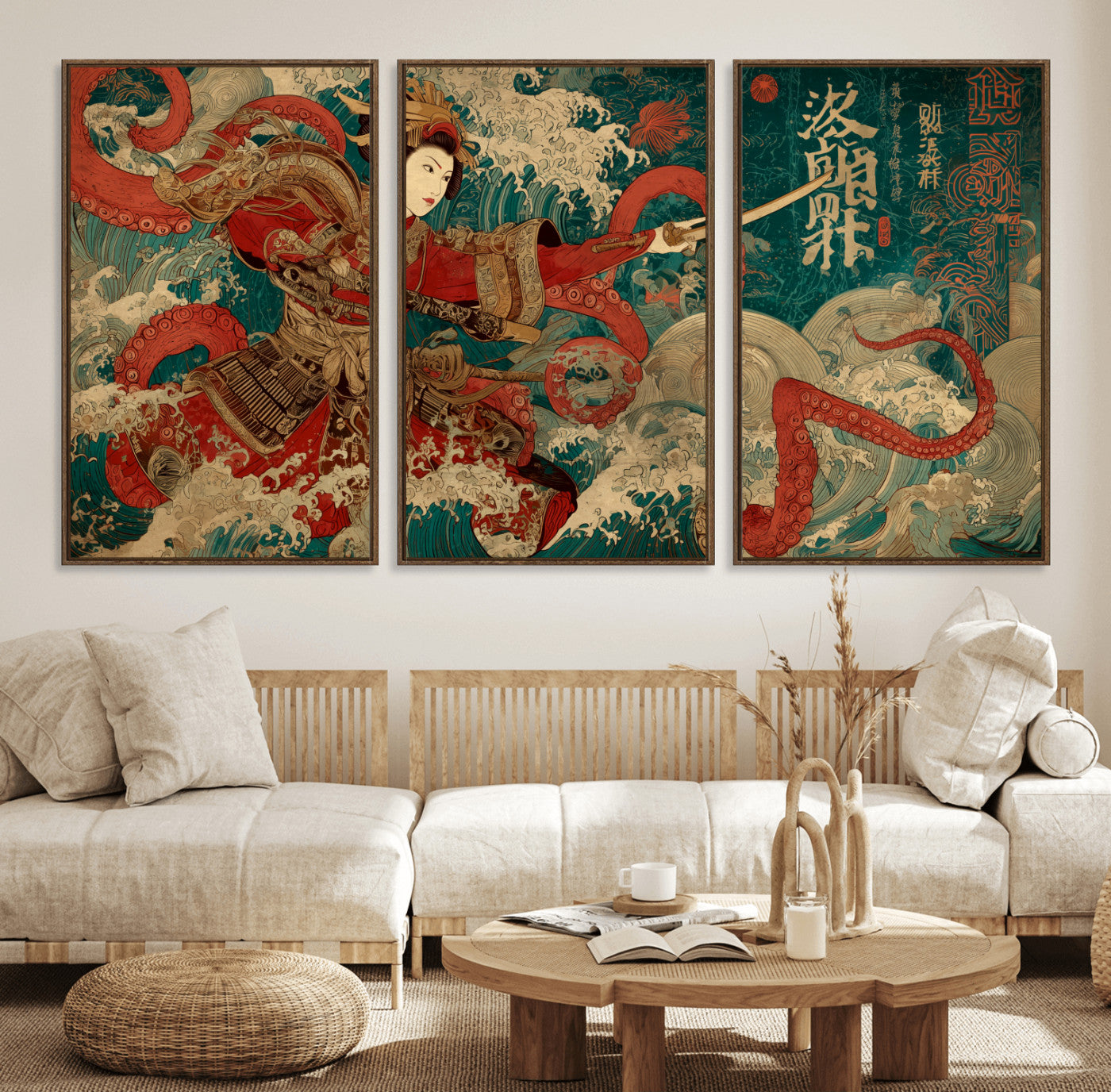 MGV-FC-60X30-3P - Tsukioka Yoshitoshi Samurai Wall Art Print, Japanese Katana Warrior Canvas Wall Art, Octopus Sea Monster Canvas Print,