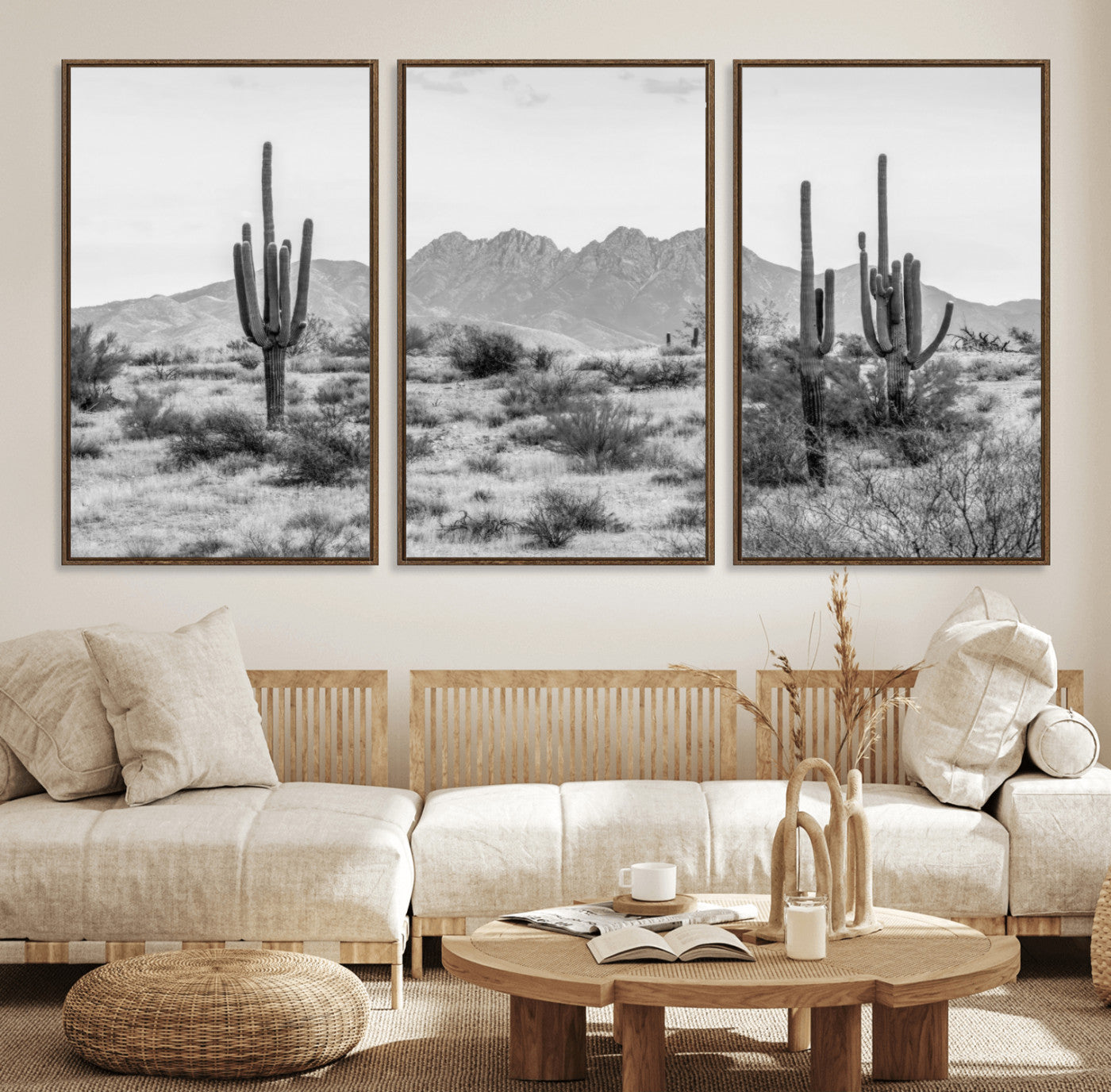 MGV-FC-60X30-3P - Black White Arizona Desert Canvas Wall Art Cactus Farmhouse Wall Art