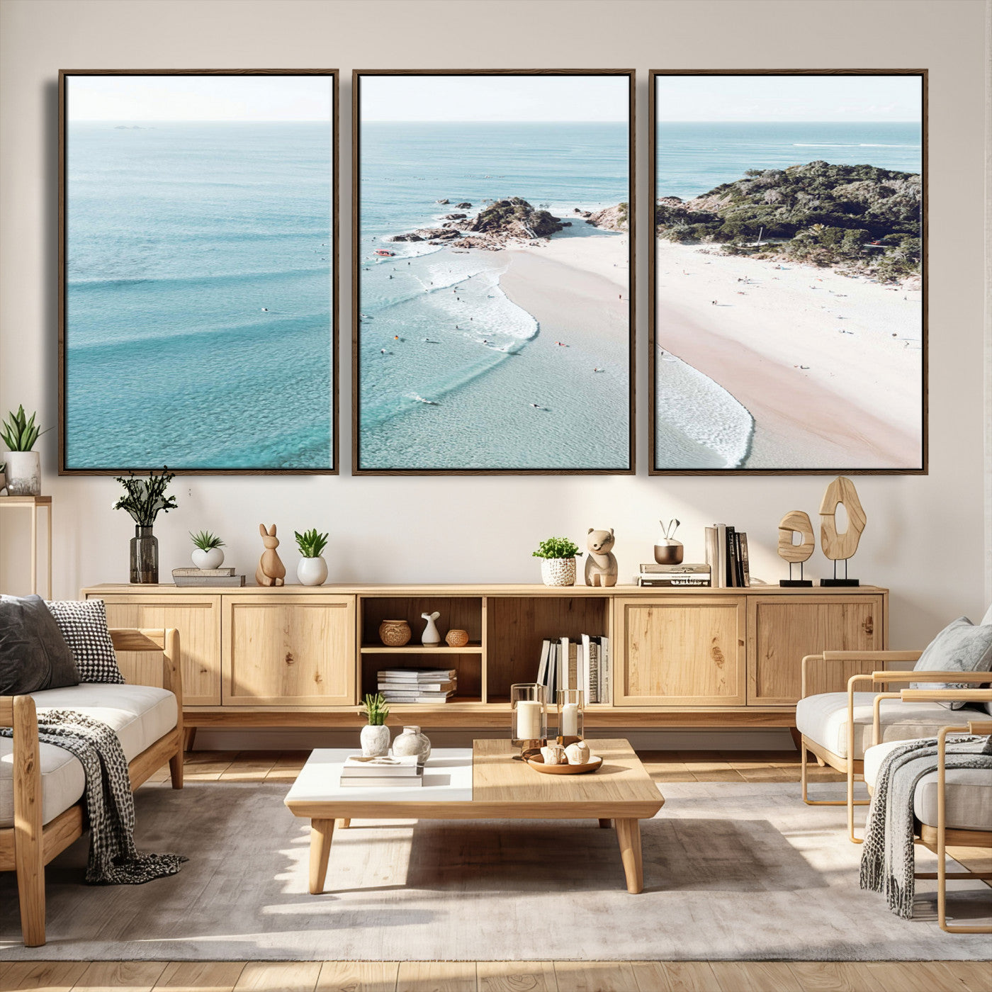 79395467-MGV-CV-36X24 - Aerial Beach Wall Art Canvas Print, Coastal Ocean Waves and Surfers Scenic Seaside Artwork for Home, Office Decor