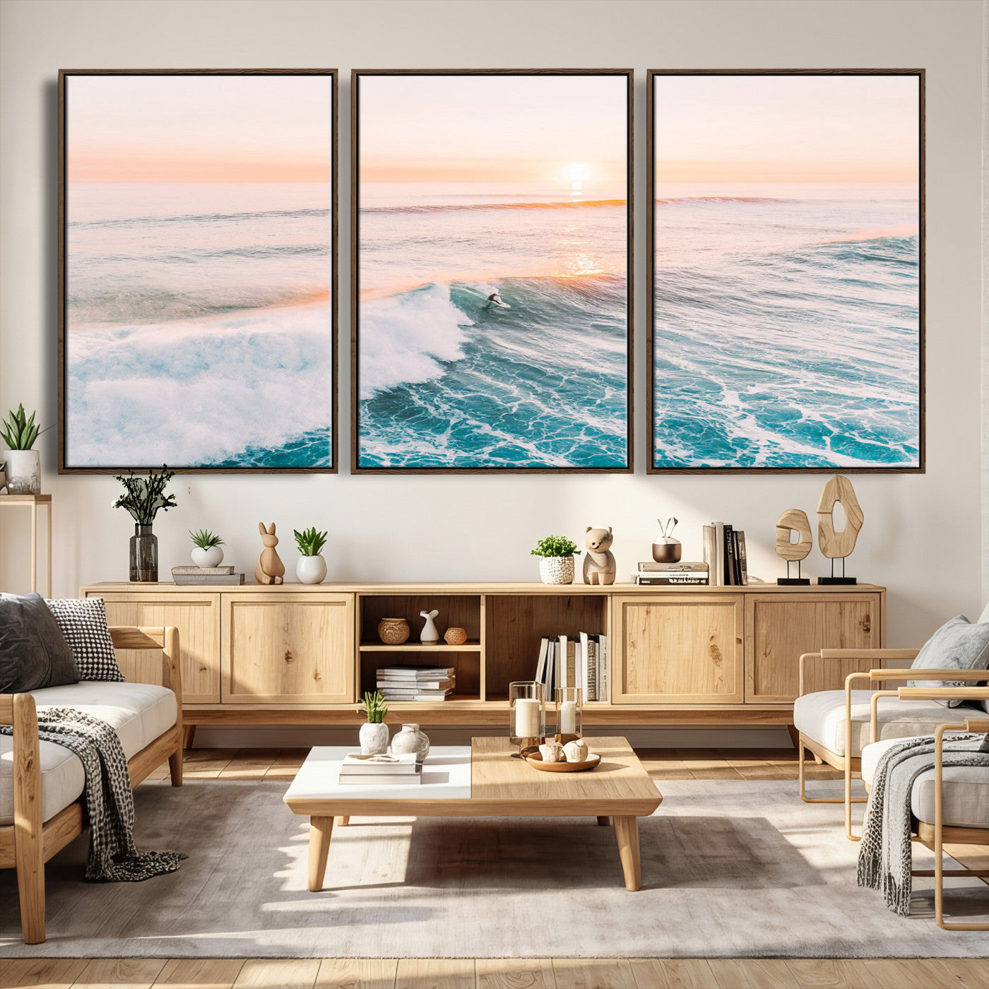 34064591-MGV-CV-36X24 - Sunset Surfing Wall Art Canvas Print, Ocean Wave Surfer with Golden Sky Artwork for Home, Office, Living Room