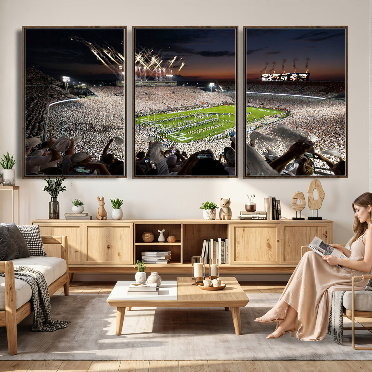 11221988-MGV-CV-36X24 - Epic Night Football Stadium Wall Art Canvas Print, Fireworks and Crowd