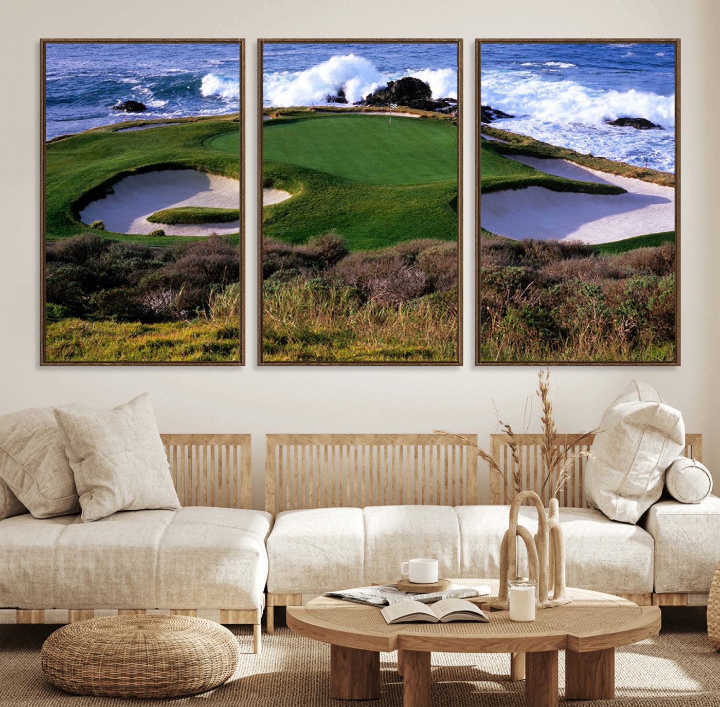 22776914-MGV-FC-60X30-3P_Walnut-Ocean Cliff Golf Green Canvas Print – Framed Majestic Coastal Scene with Lush Green Artwork for Home, Office