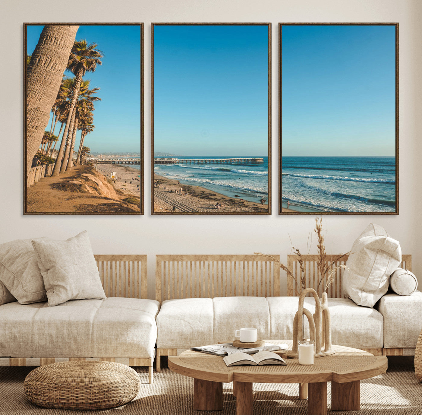 MGV-FC-60X30-3P - Scenic Beach with Tall Palm Trees, Sandy Shore, and Long Pier Stretching into the Calm Ocean Under