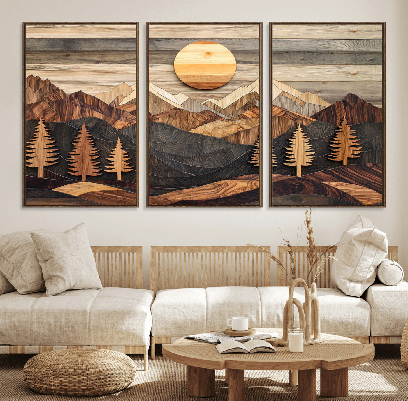 19832326-MGV-FC-60X30-3P_Walnut-Wooden Mountain Layers Wall Art – Rustic Pine Tree Landscape Canvas Artwork, Sunlight Nature Design for Home, Office