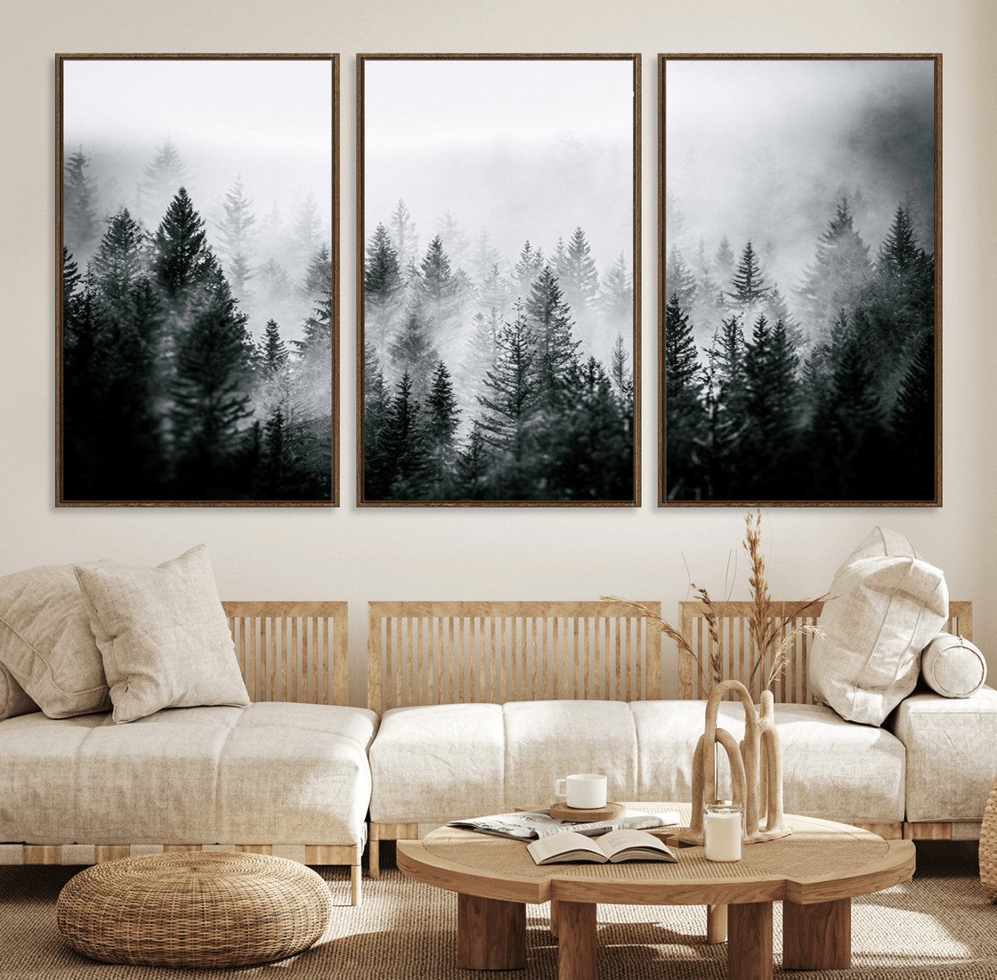 MGV-FC-60X30-3P - Foggy Pine Forest Canvas Wall Art – Black and White Nature Landscape Print, Horizontal Canvas for