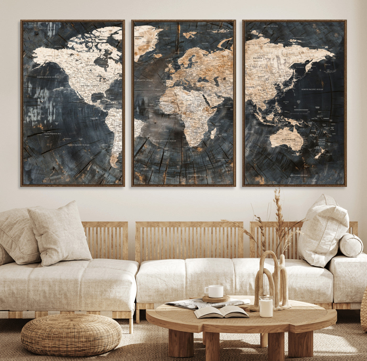 57626704-MGV-FC-60X30-3P - World Map Wall Art Canvas Print, Modern Decorative Framed Map Artwork Prints for Living Room, Office, Bedroom Wall Decor
