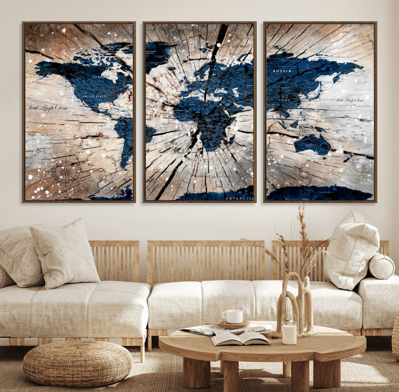 99001695-MGV-FC-60X30-3P - World Map Wall Art Canvas Print, Modern Decorative Framed Map Artwork Prints for Living Room, Office, Bedroom Wall Decor