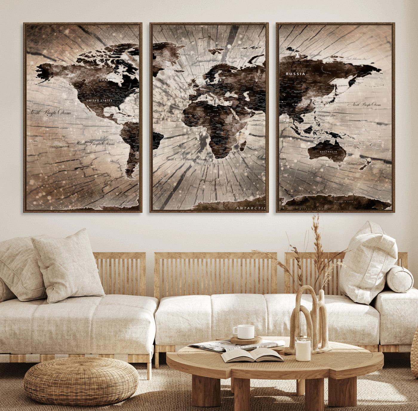 35326624-MGV-FC-60X30-3P - World Map Wall Art Canvas Print, Modern Decorative Framed Map Artwork Prints for Living Room, Office, Bedroom Wall Decor