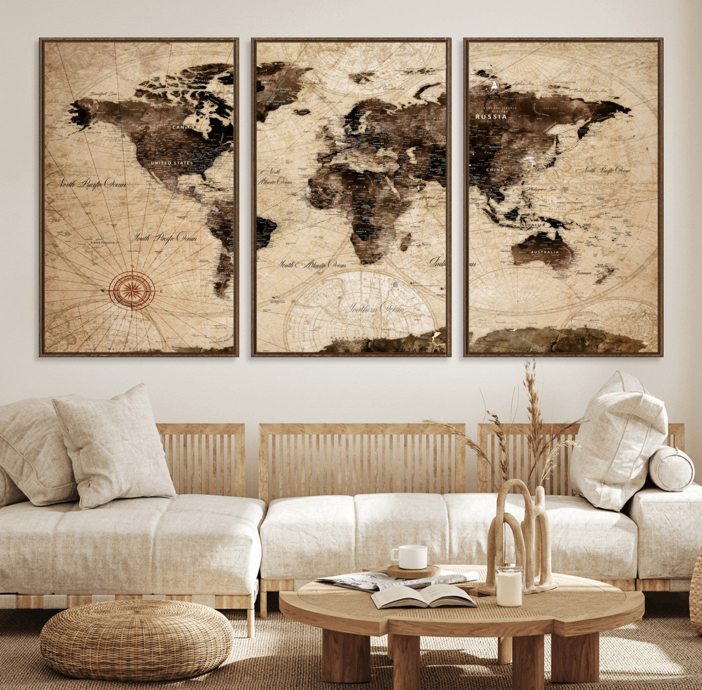 97114757-MGV-FC-60X30-3P - Vintage World Map Wall Art Canvas Print, Modern Decorative Framed Map Artwork Prints for Living Room, Office, Bedroom Wall Decor