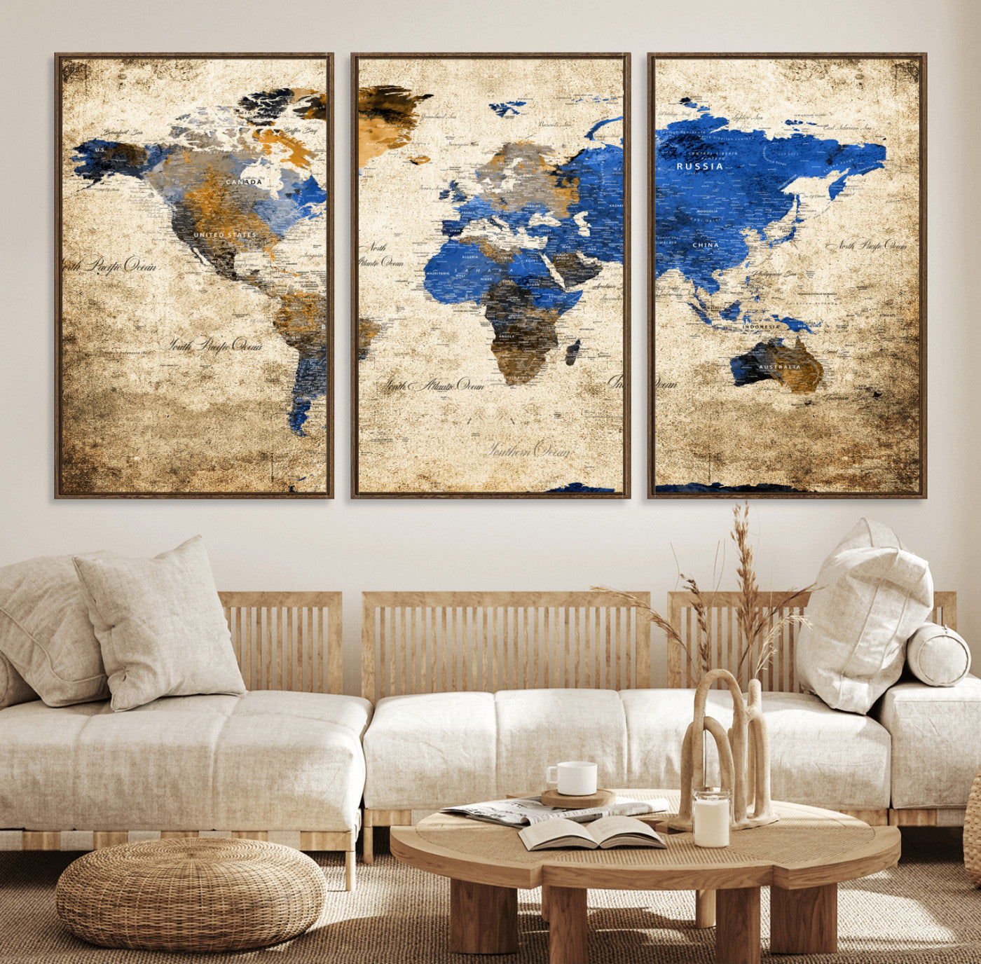 13564339-MGV-FC-60X30-3P - World Map Wall Art Canvas Print, Modern Decorative Framed Map Artwork Prints for Living Room, Office, Bedroom Wall Decor