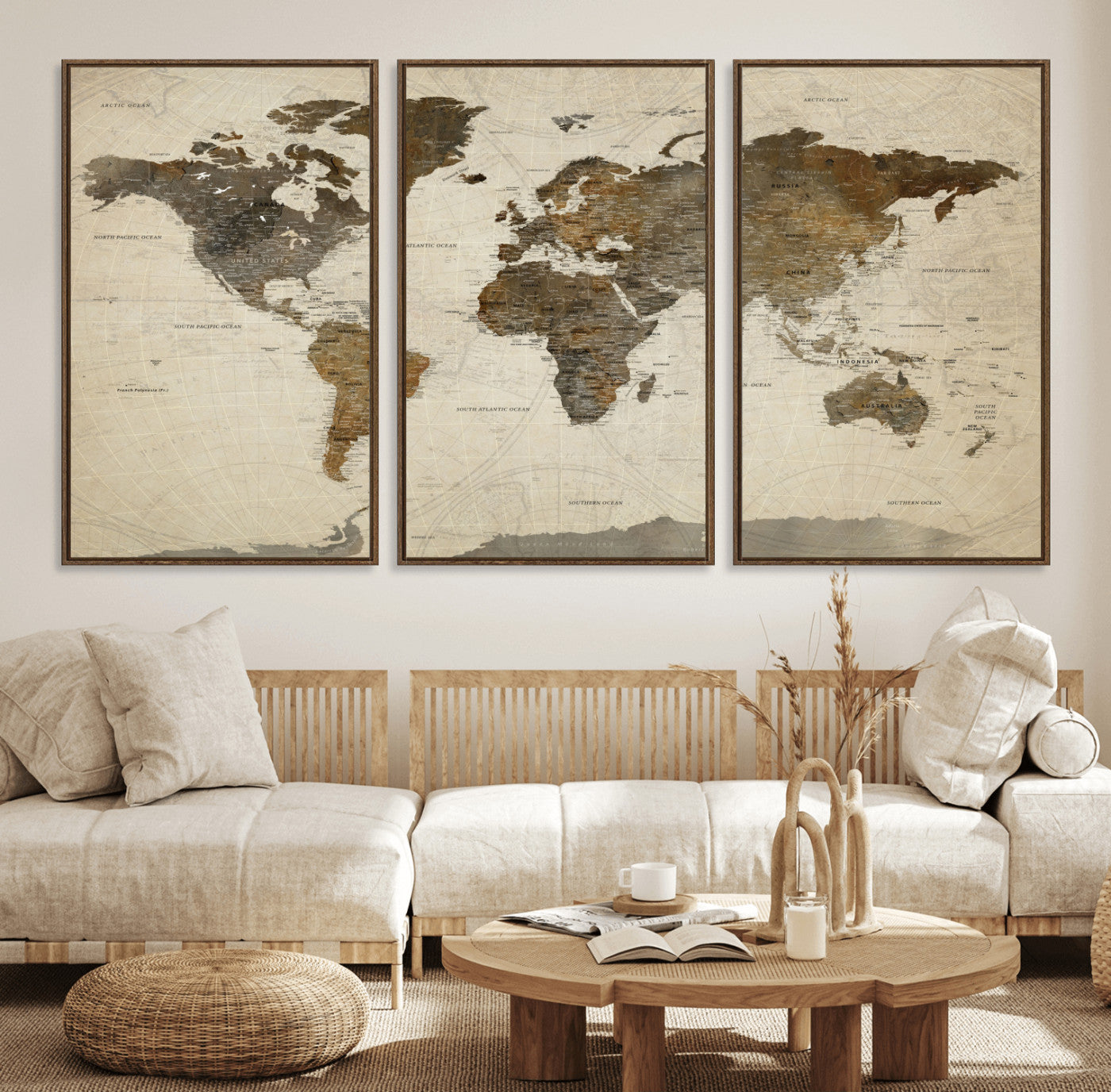 91849163-MGV-FC-60X30-3P - World Map Wall Art Canvas Print, Modern Decorative Framed Map Artwork Prints for Living Room, Office, Bedroom Wall Decor