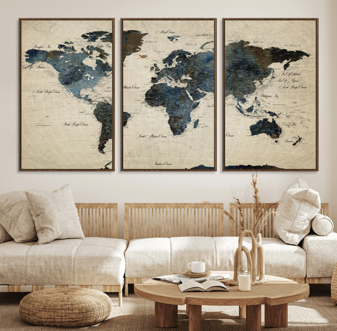 33438443-MGV-FC-60X30-3P - World Map Wall Art Canvas Print, Modern Decorative Framed Map Artwork Prints for Living Room, Office, Bedroom Wall Decor