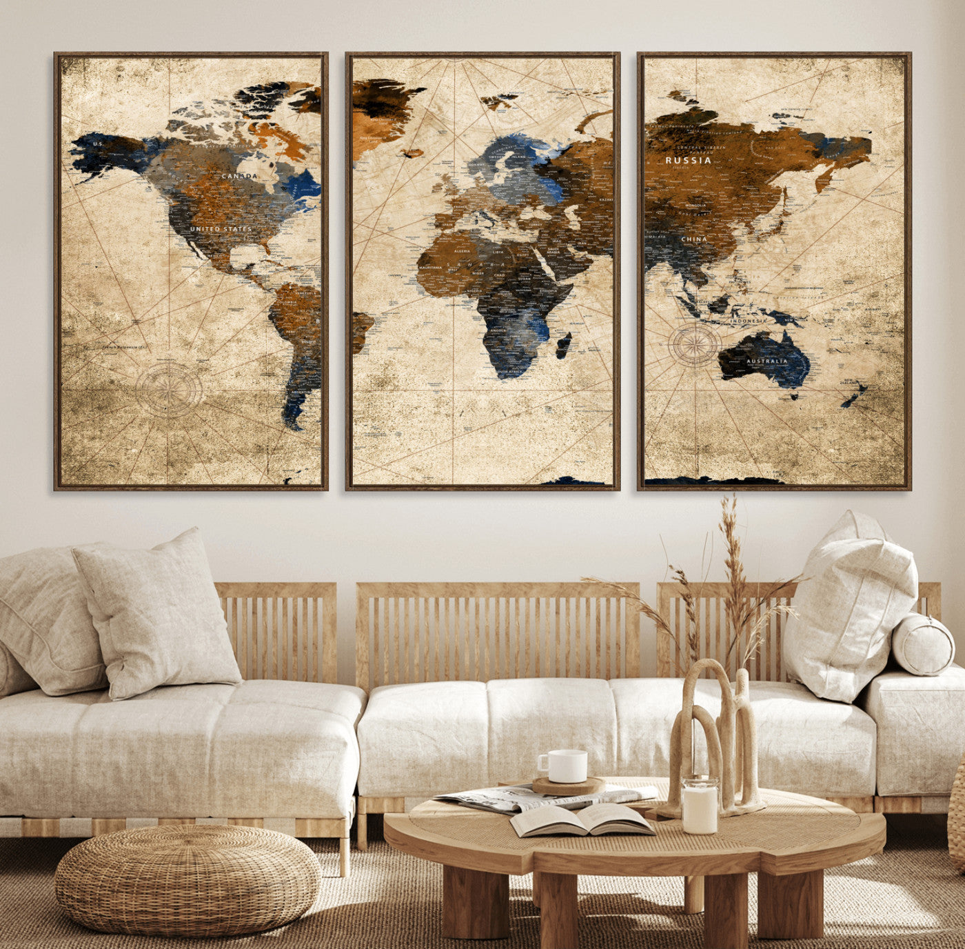 56297284-MGV-FC-60X30-3P - World Map Wall Art Canvas Print, Modern Decorative Framed Map Artwork Prints for Living Room, Office, Bedroom Wall Decor