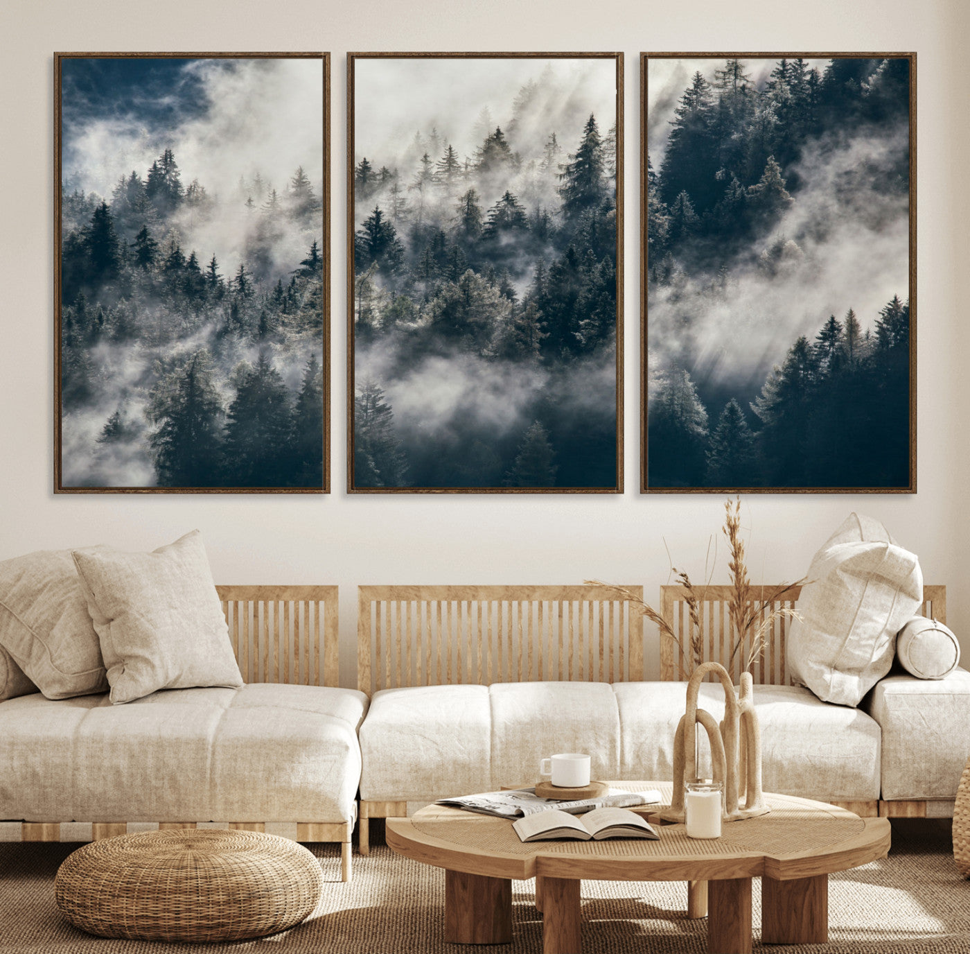 270372951-MGV-FC-60X30-3P - Misty Pine Forest Canvas Wall Art – Dark Forest Mountaing and Nature Landscape Print, Horizontal Canvas Print