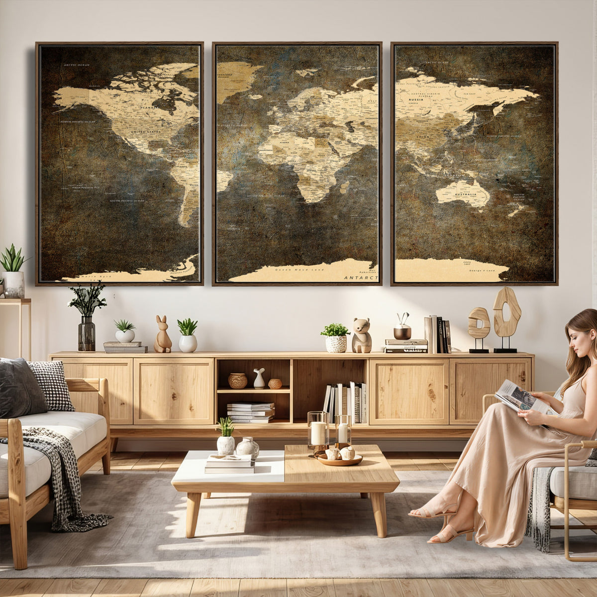 89742472-MGV-CV-36X24 - Large Framed Vintage World Map Wall Art Print for Home Wall