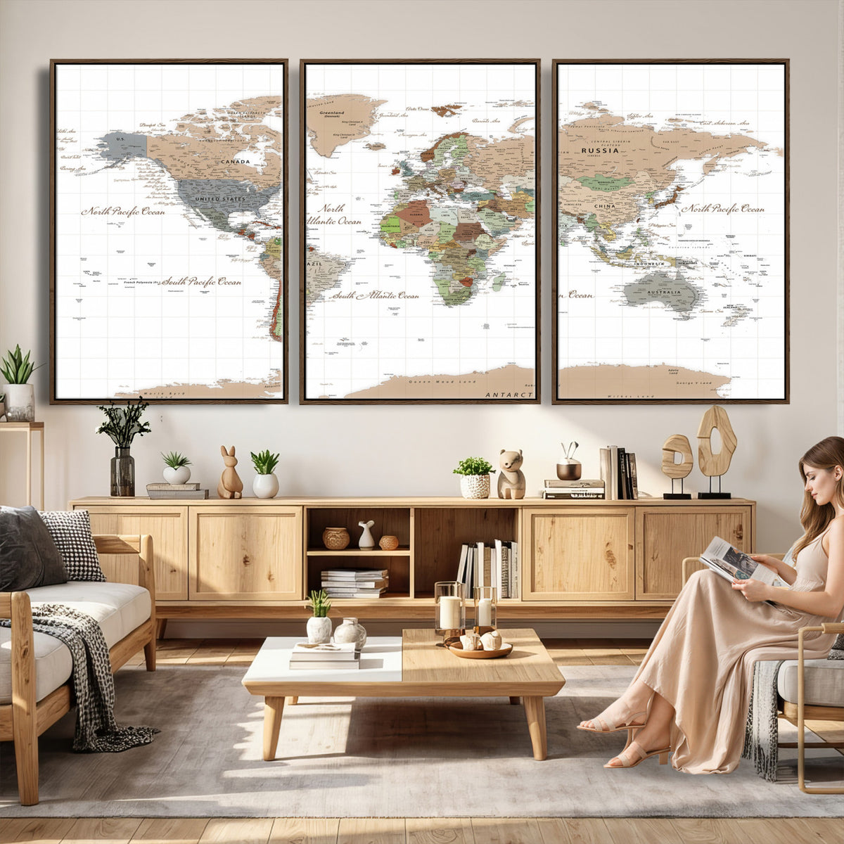 91286788-MGV-CV-36X24 - World Map Wall Art Canvas Print, Modern Decorative Framed Map Artwork Prints for Living Room, Office, Bedroom Wall Decor