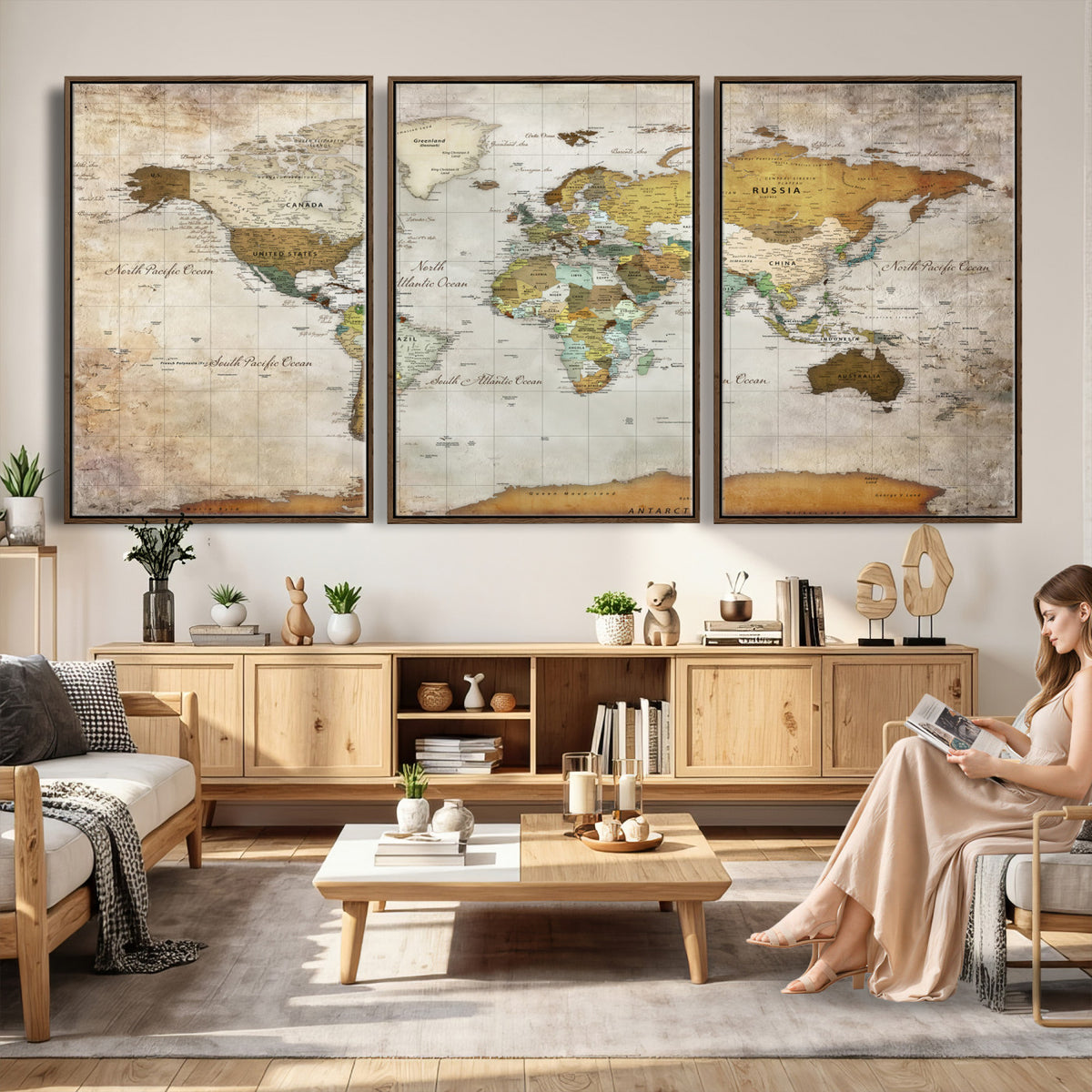 86108417-MGV-CV-36X24 - World Map Wall Art Canvas Print, Modern Decorative Framed Map Artwork Prints for Living Room, Office, Bedroom Wall Decor