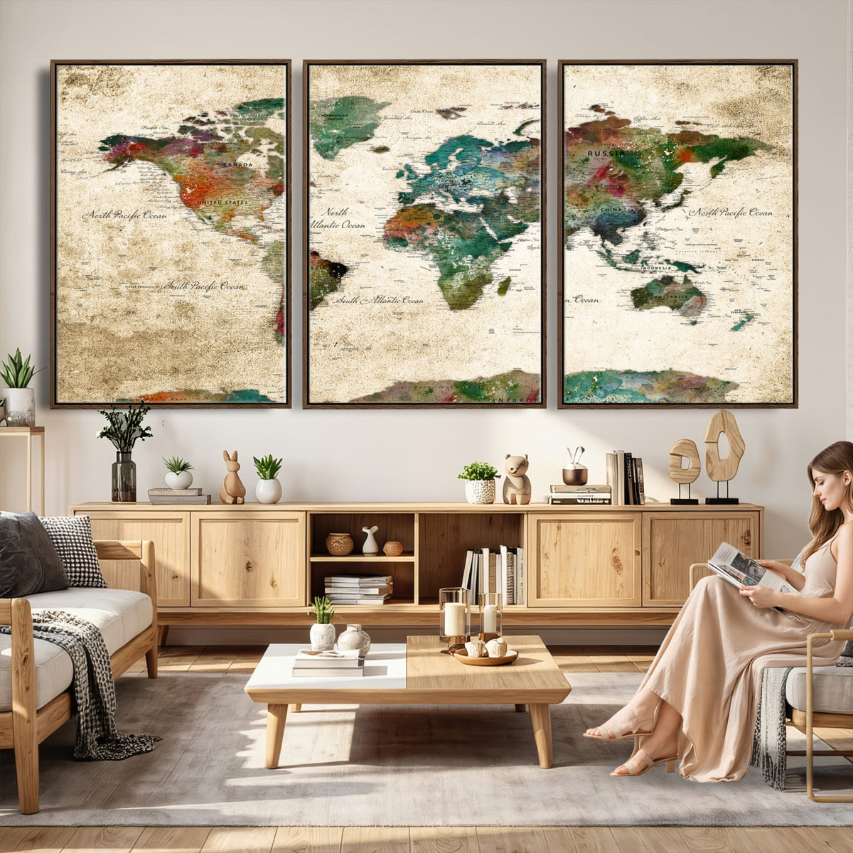 87544591-MGV-CV-36X24 - World Map Wall Art Canvas Print, Modern Decorative Framed Map Artwork Prints for Living Room, Office, Bedroom Wall Decor