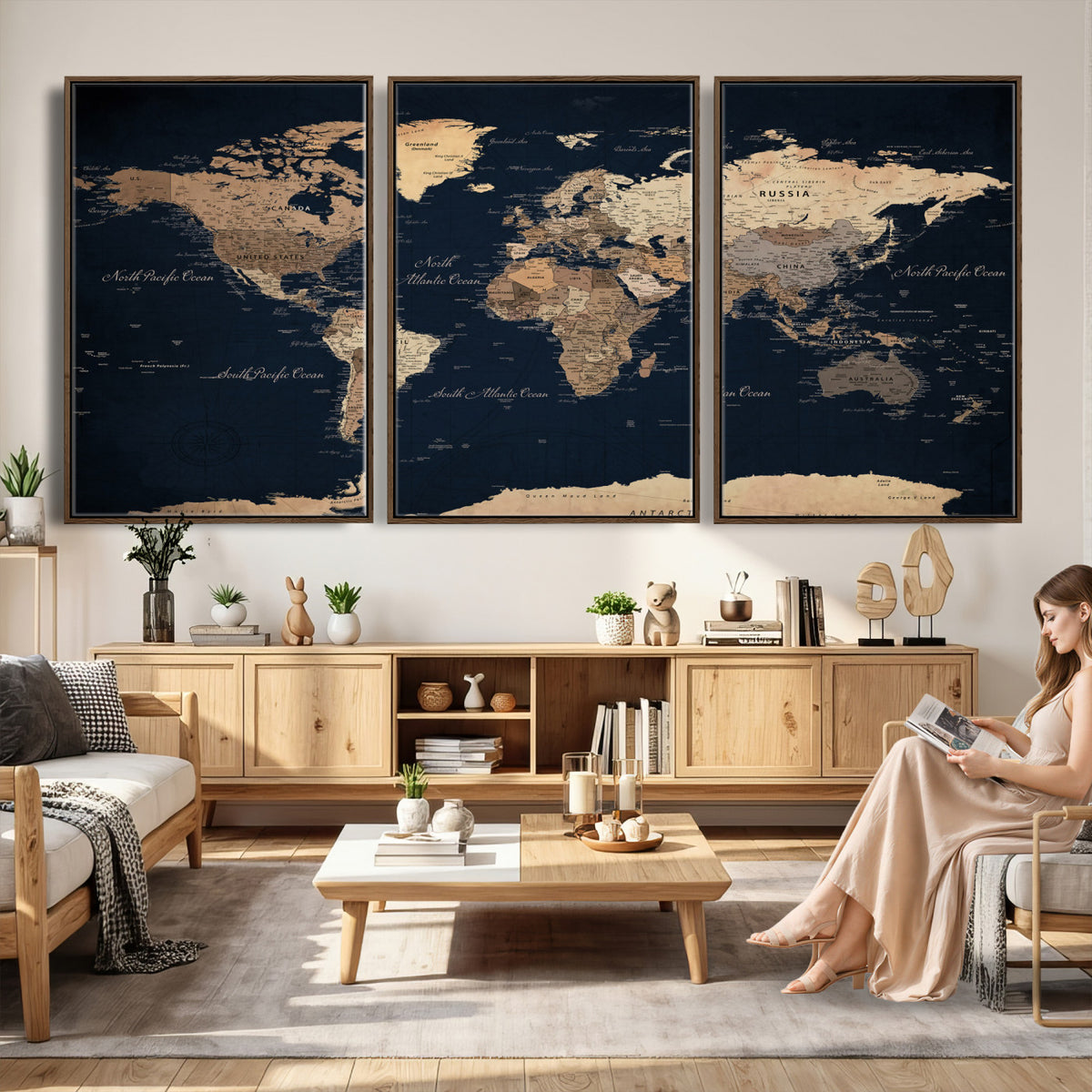 53971530-MGV-CV-36X24 - World Map Wall Art Canvas Print, Modern Decorative Framed Map Artwork Prints for Living Room, Office, Bedroom Wall Decor