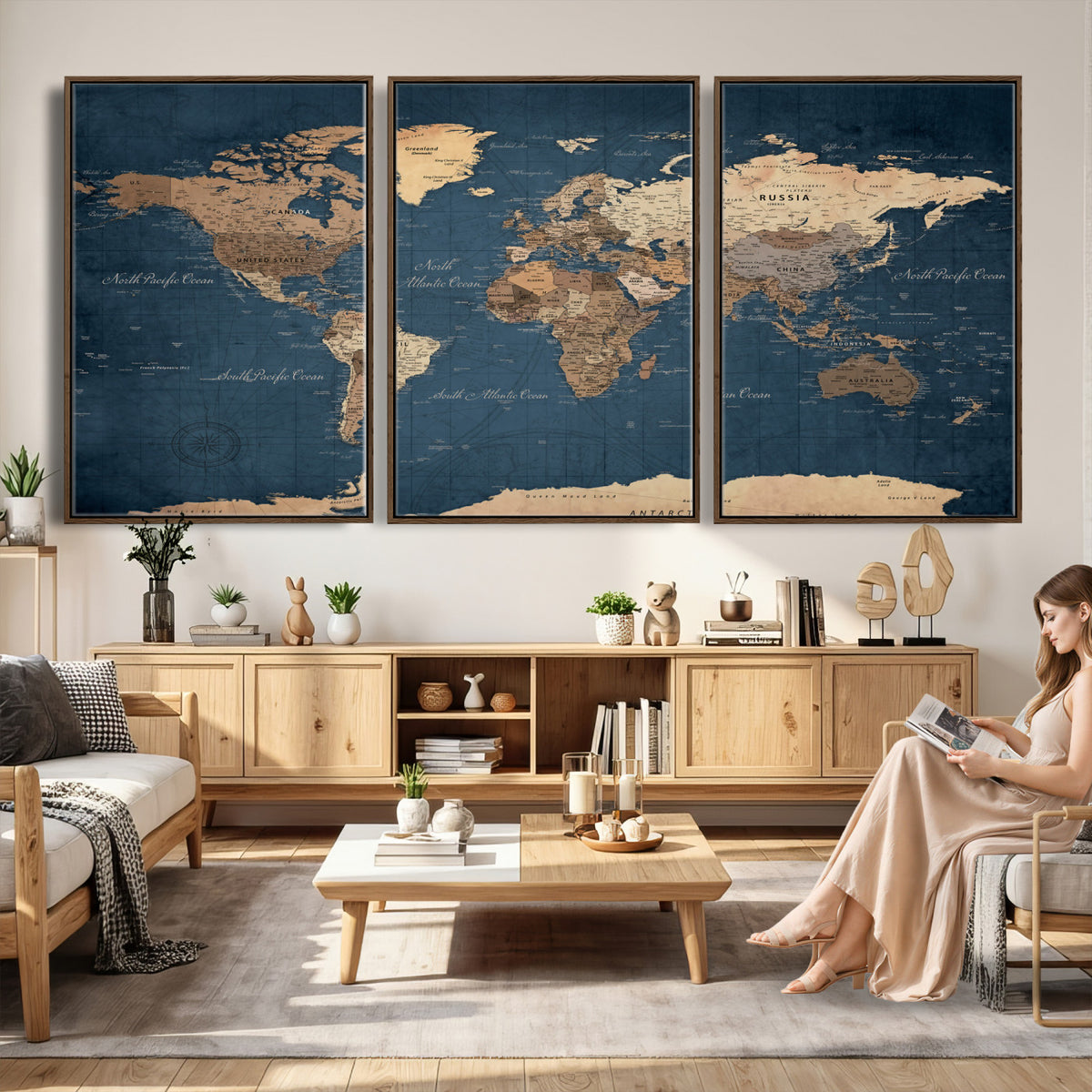 69886352-MGV-CV-36X24 - World Map Wall Art Canvas Print, Modern Decorative Framed Map Artwork Prints for Living Room, Office, Bedroom Wall Decor
