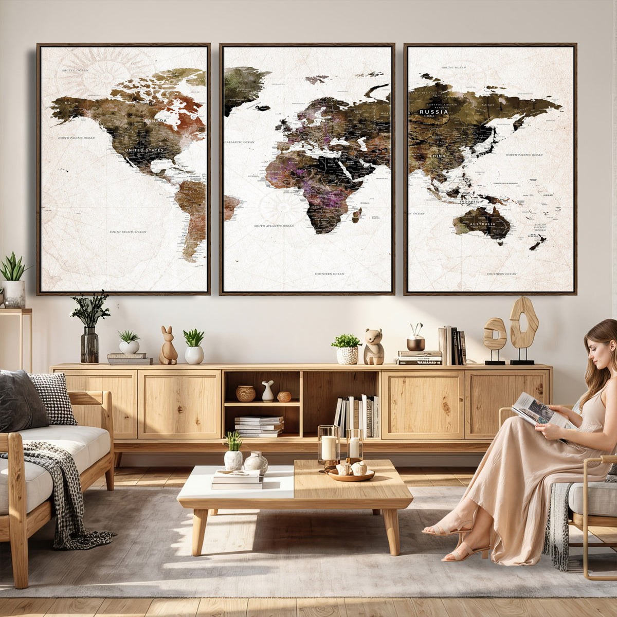 77651968-MGV-CV-36X24 - Watercolor World Map Print - Large Wall Art Canvas Print for