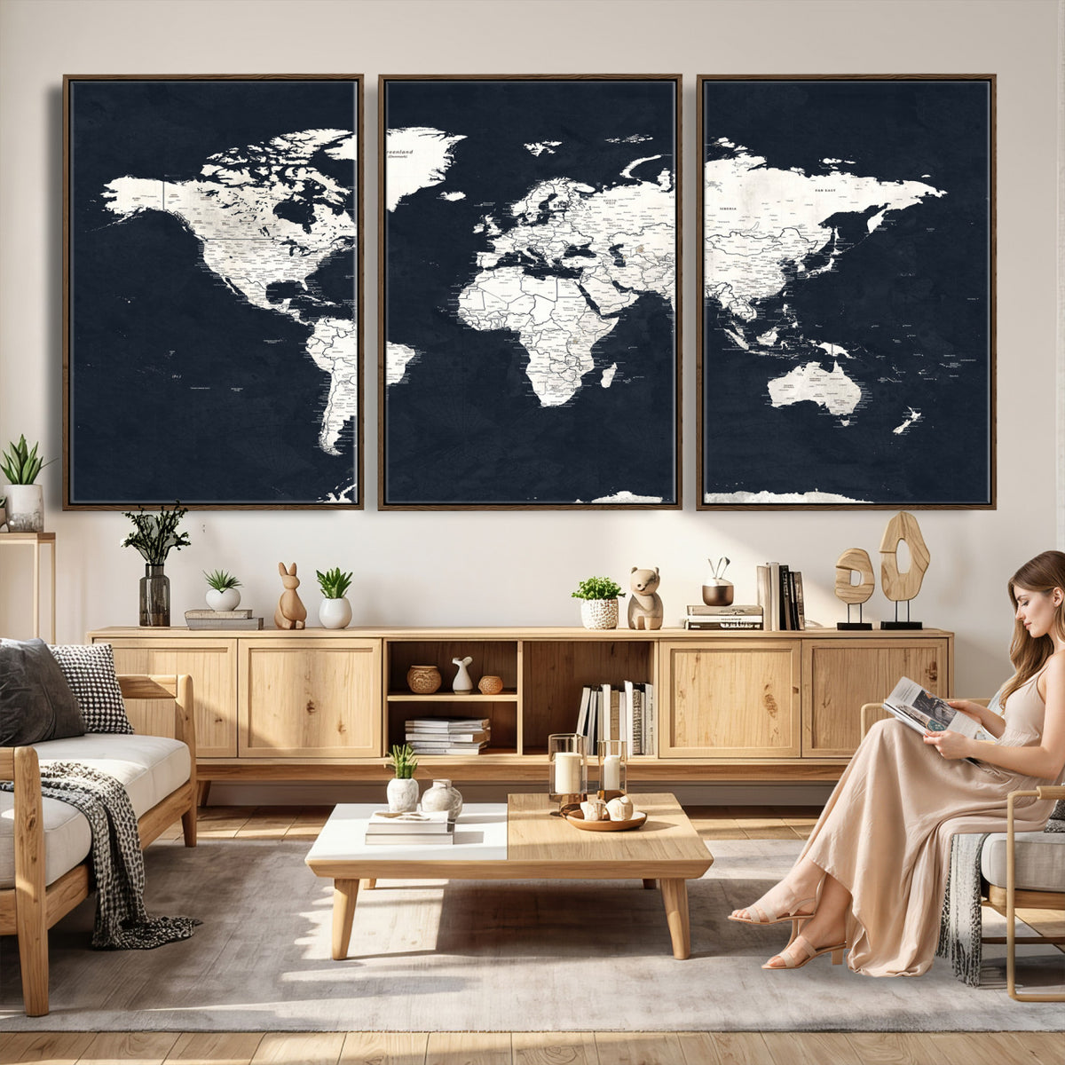11963807-MGV-CV-36X24 - Black World Map Wall Art Canvas Print for Home Office and Meeting Room Decor