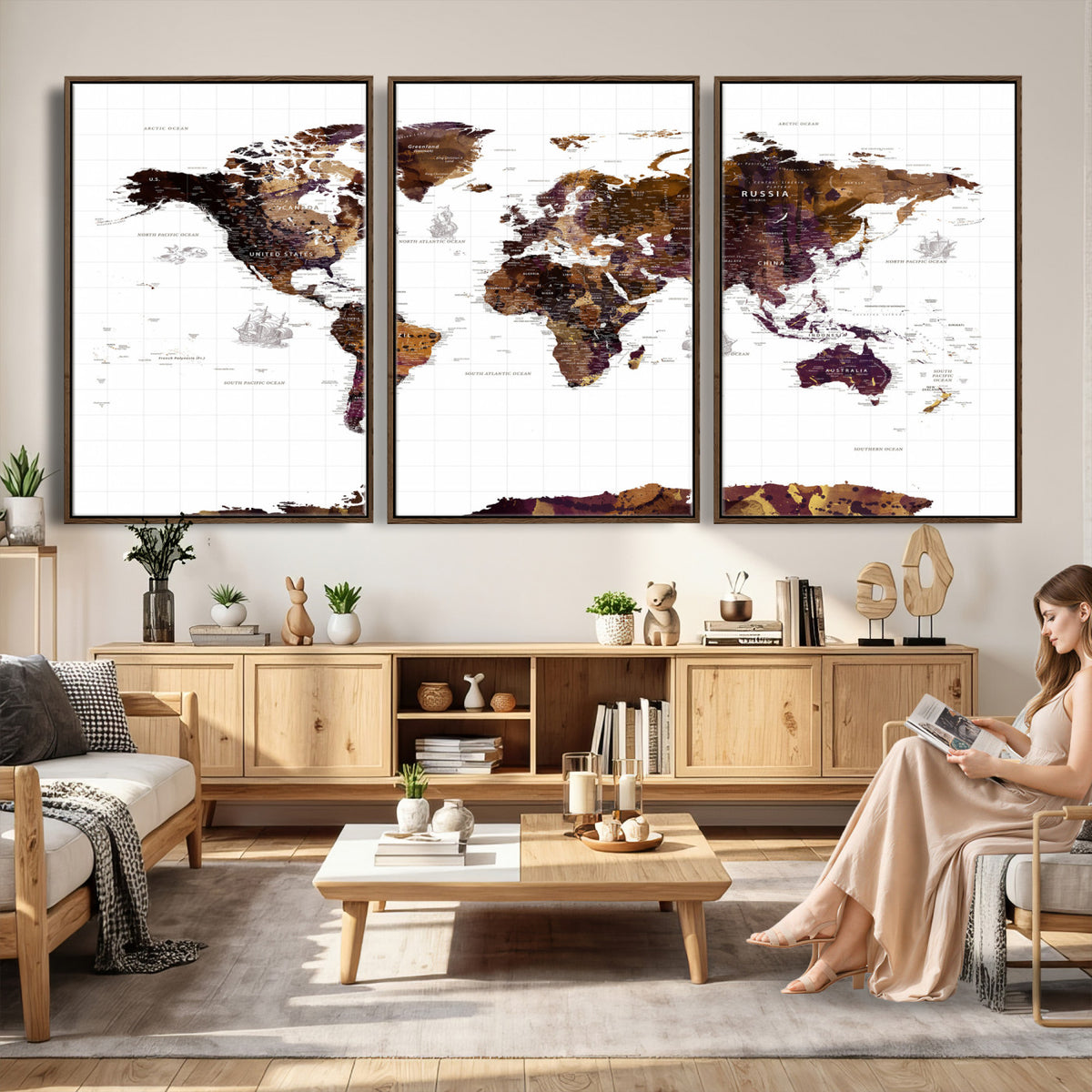 34792695-MGV-CV-36X24 - Rustic World Map Wall Art Canvas Print | Large Vintage Blue World Map on Wood Grain Style Background