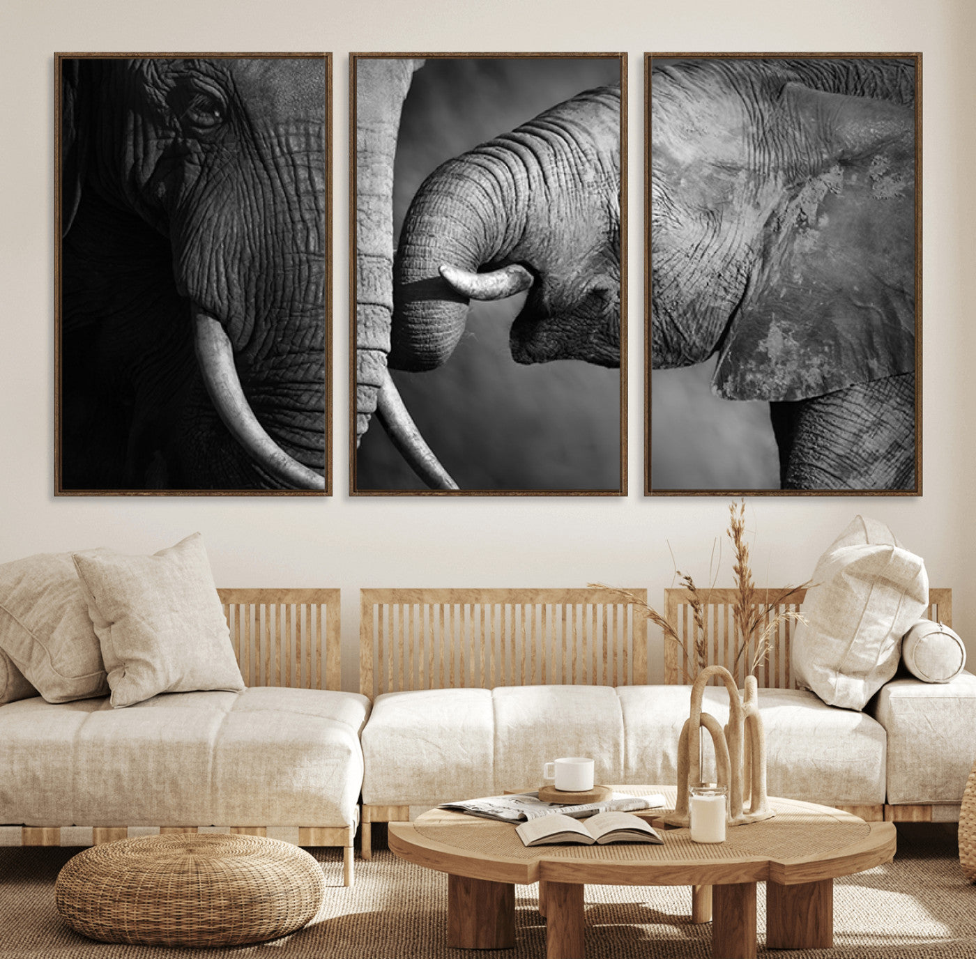 42691-MGV-FC-60X30-3P_Walnut-Elephant Family Wall Art Canvas, Framed Elephant Family Canvas Print