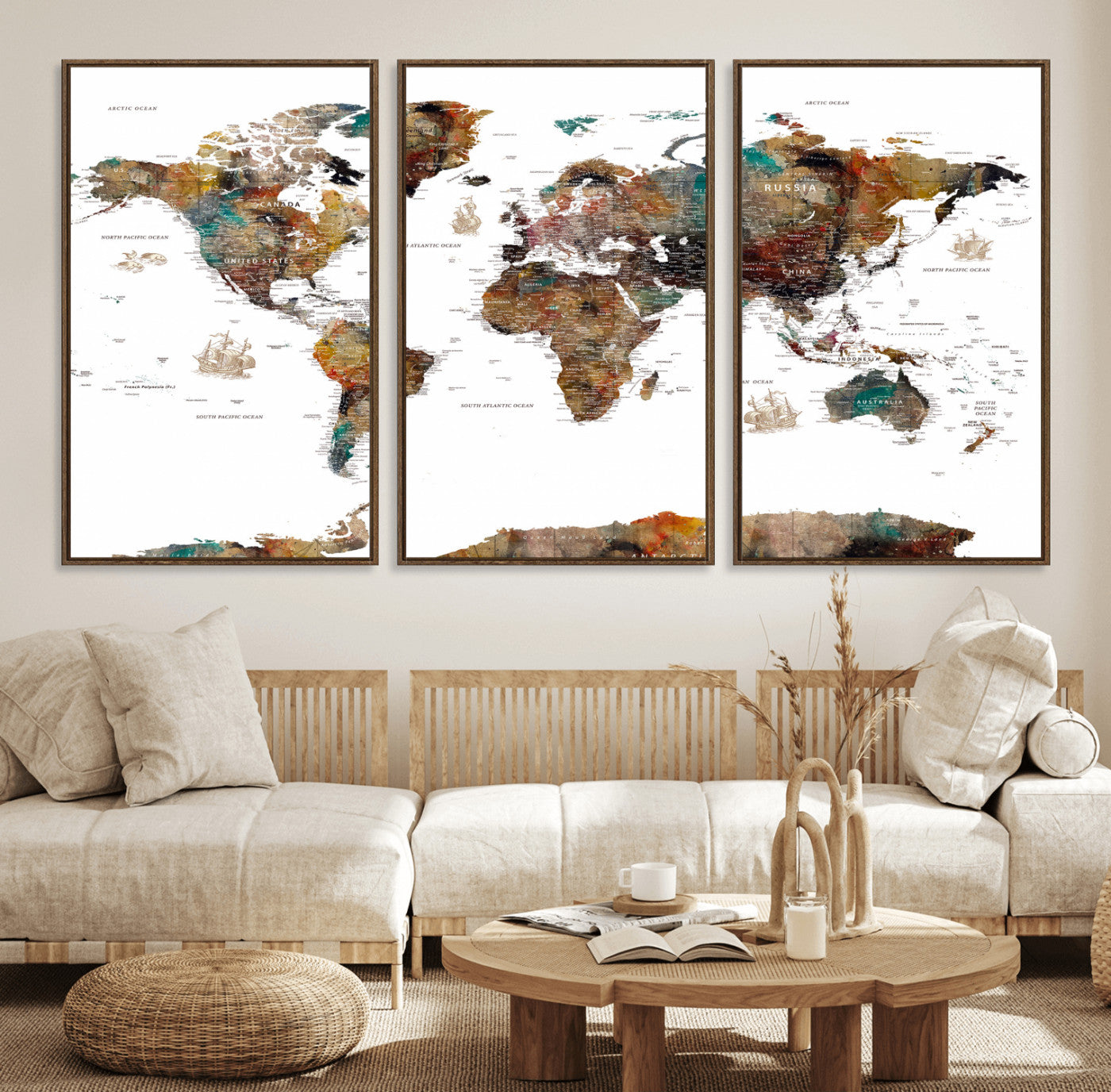 82293175-MGV-CV-36X24 - World Map Wall Art Canvas Print, Modern Decorative Framed Map Artwork Prints for Living Room, Office, Bedroom Wall Decor