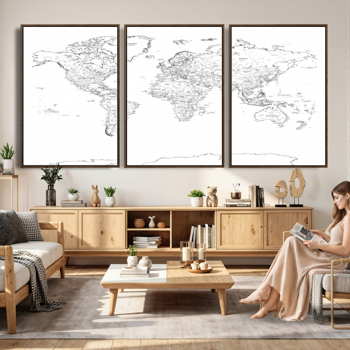 21002736-MGV-CV-36X24 - World Map Canvas Print, Framed Modern Detailed Map of the World for Home or Office