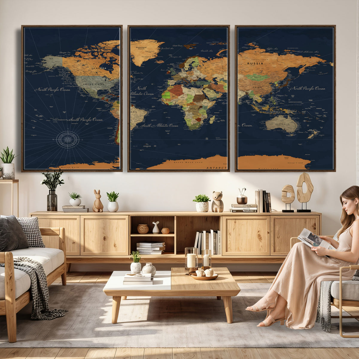 11715182-MGV-CV-36X24 - Modern World Map Canvas Print, Framed Detailed Map of the World Wall Art