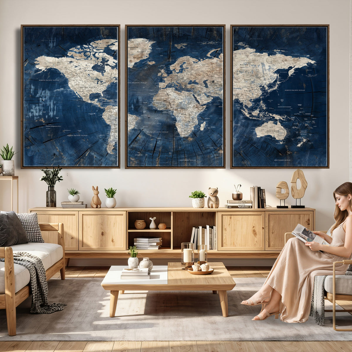 56126010-MGV-CV-36X24 - Large Blue World Map Wall Art Canvas Print for Home Office