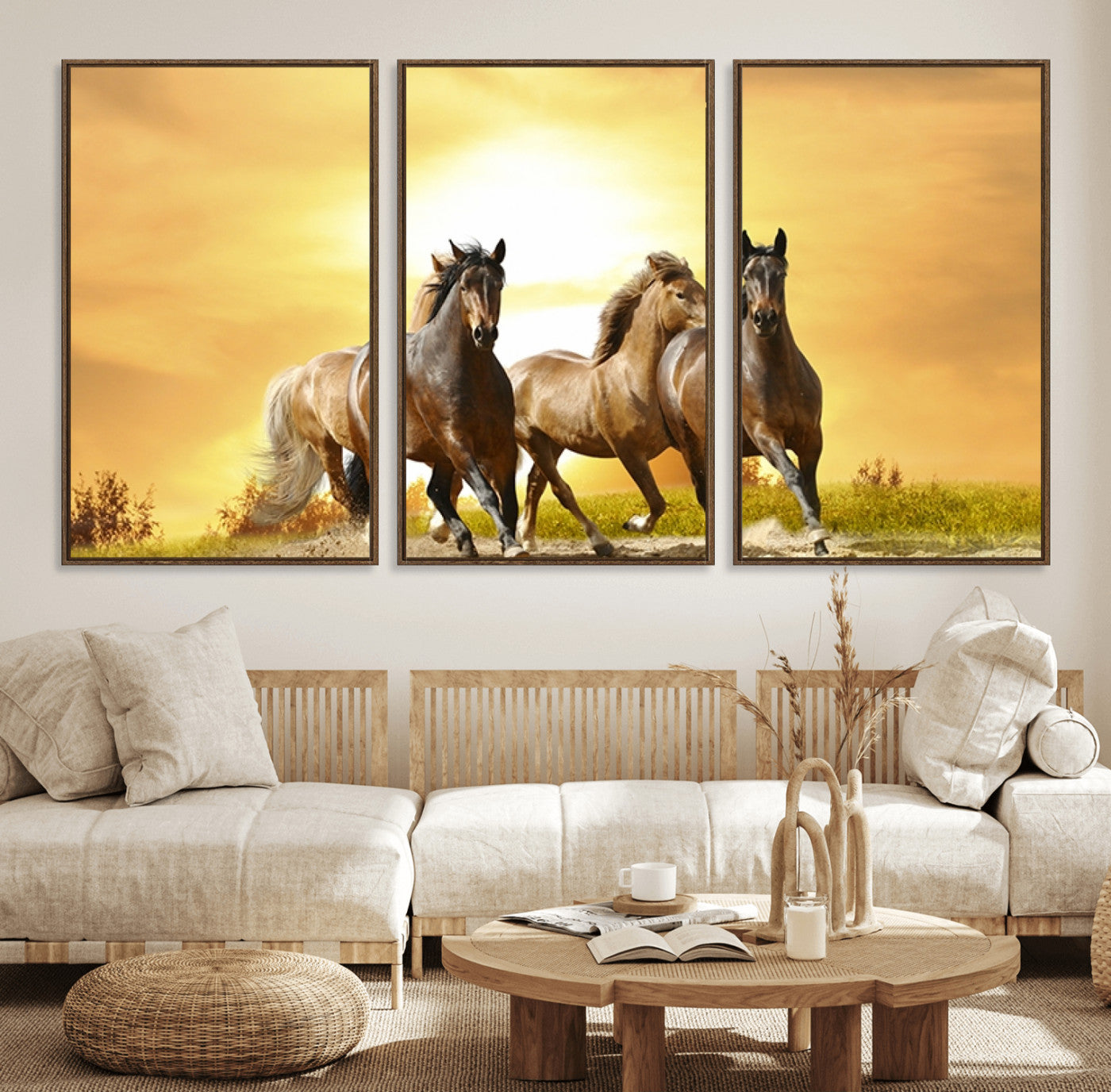 44763-MGV-FC-60X30-3P_Walnut-Wild Horses Wall Art Canvas Print – Framed Galloping Herd Animal Artwork for Home, Office, Living Room, Guest Room