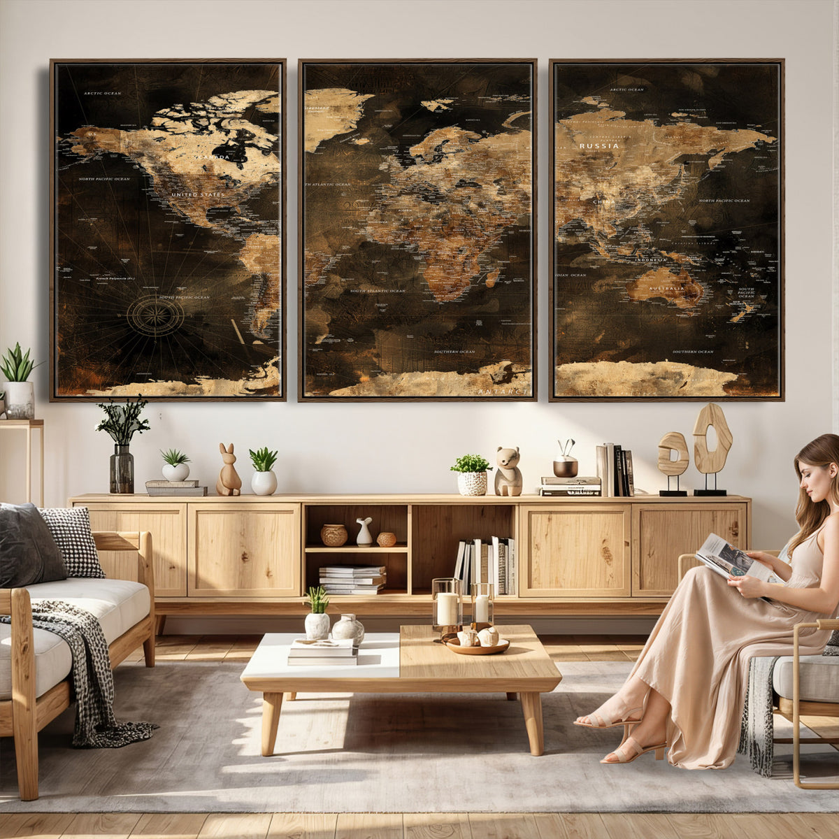 97742922-MGV-CV-36X24 - World Map Canvas Print, Modern Decorative Framed Map Artwork