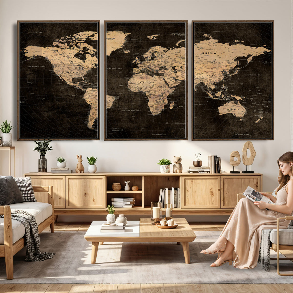 15118265-MGV-CV-36X24 - Brown World Map Canvas Print | Modern Travel Map Wall Art