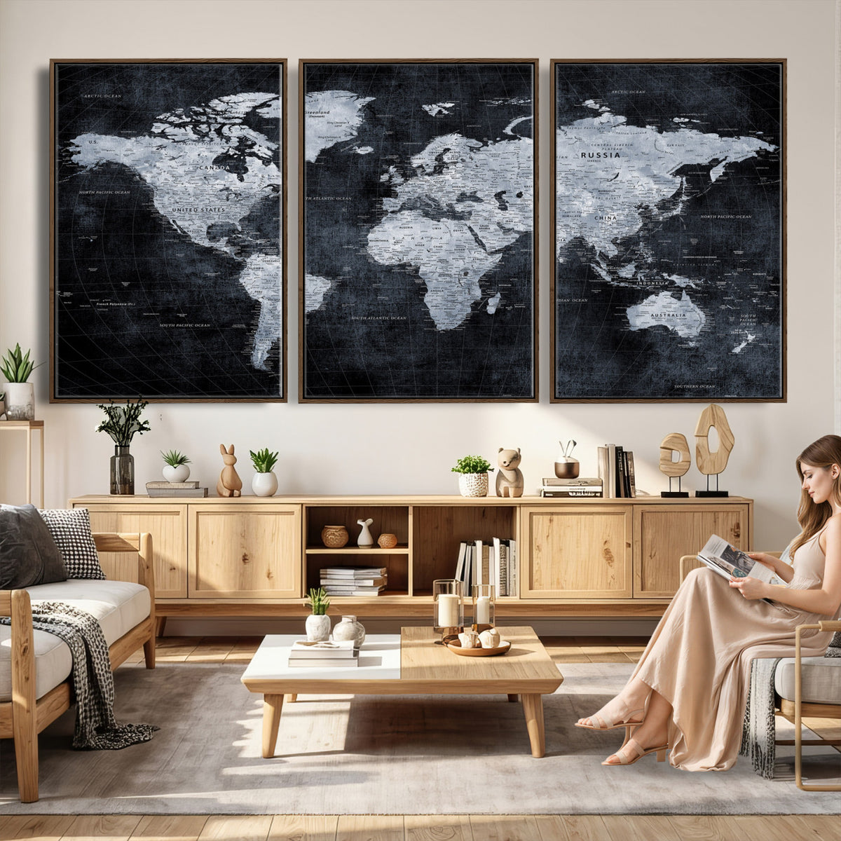 86893704-MGV-CV-36X24 - Black World Map Canvas Print | Detailed Map for Couples and Anniversary Gift