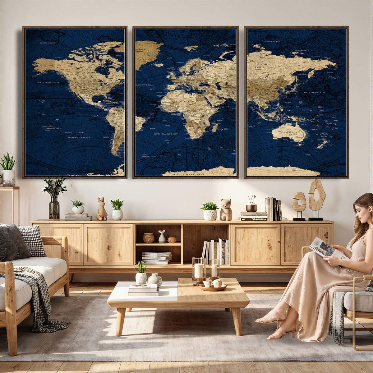 54770746-MGV-CV-36X24 - Navy Blue World Map Canvas Print – Detailed Map Minimal Navy