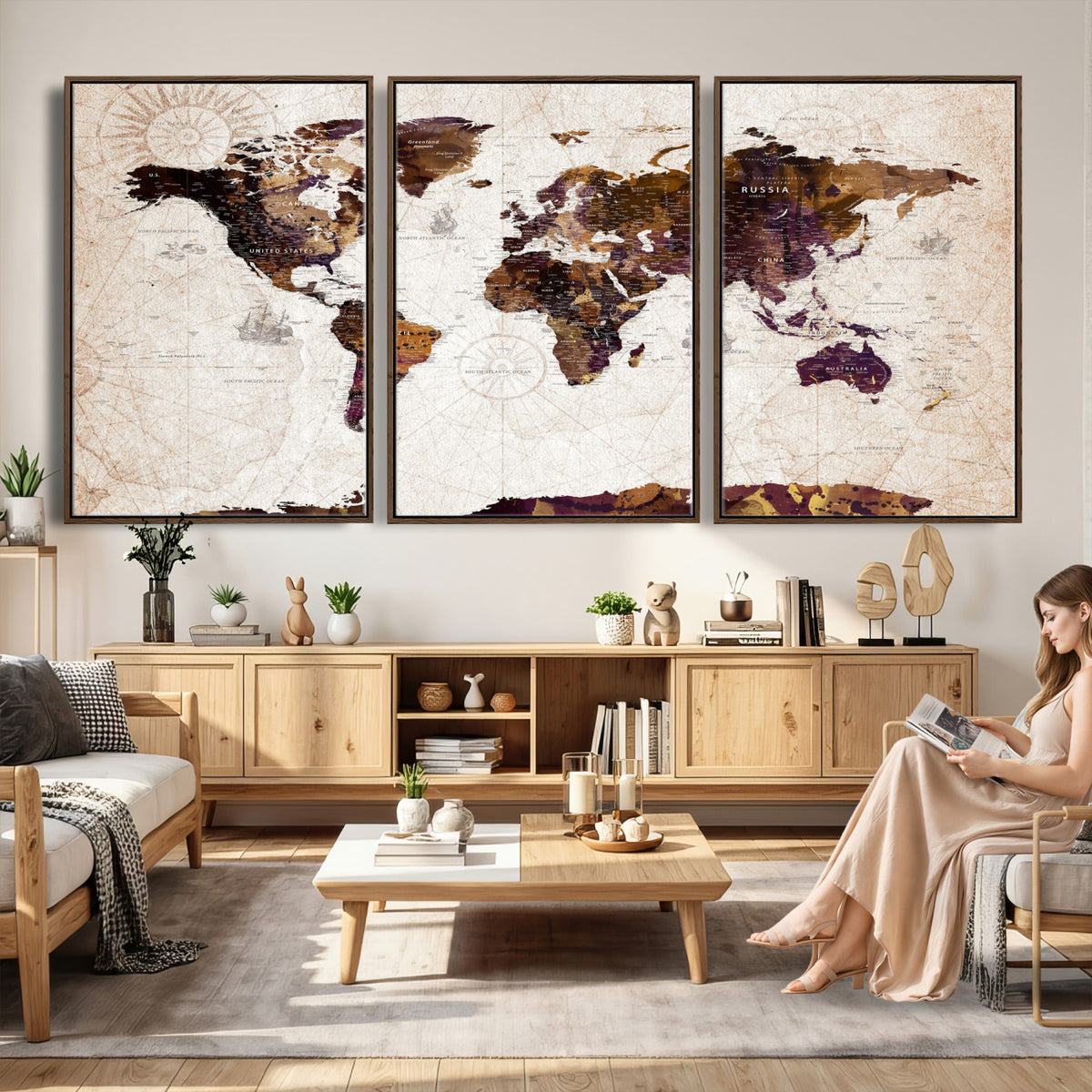 53400857-MGV-CV-36X24 - Blue Watercolor World Map Canvas Print – Framed Modern Wall