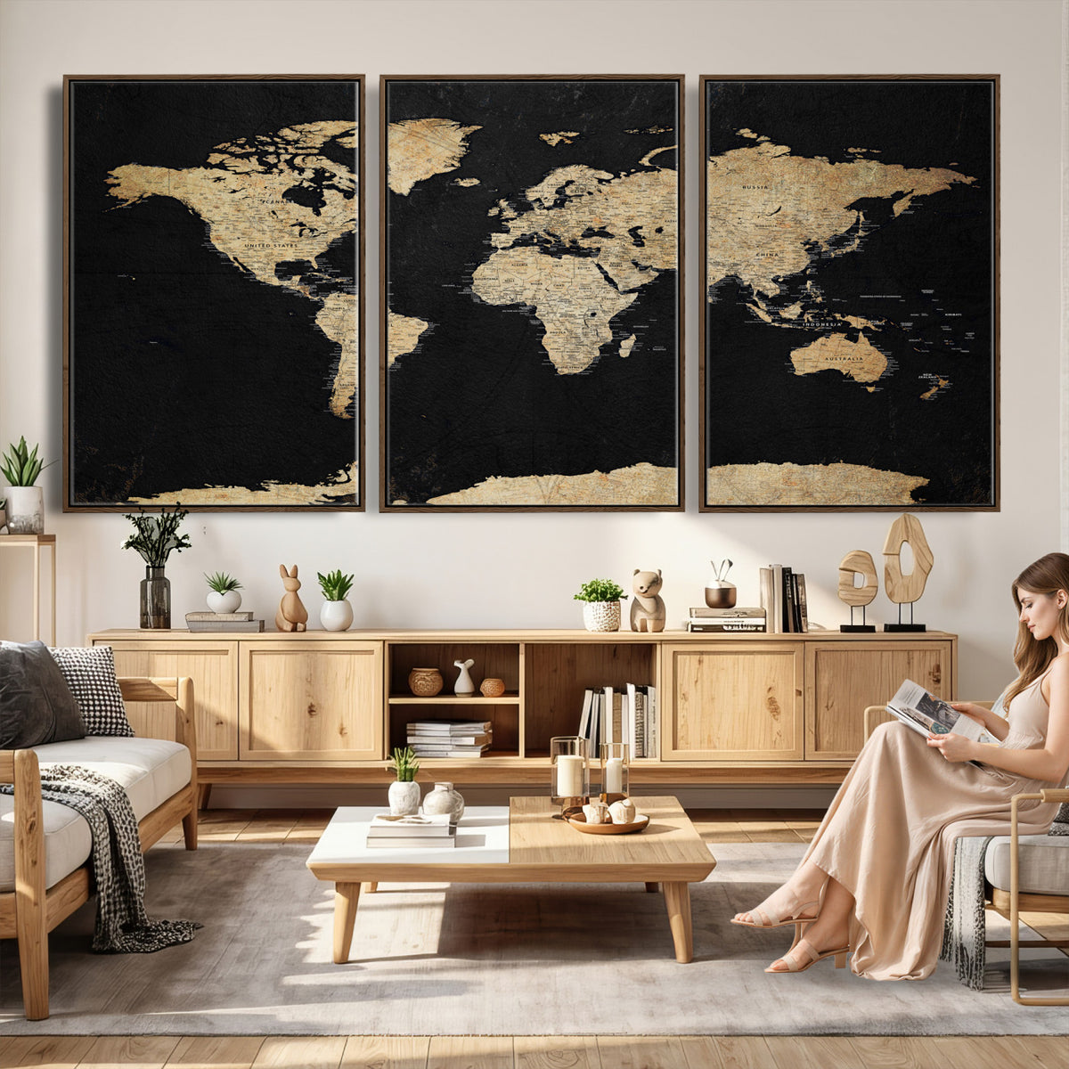 71518849-MGV-CV-36X24 - Beige World Map Canvas Wall Art Print, Minimal Black and