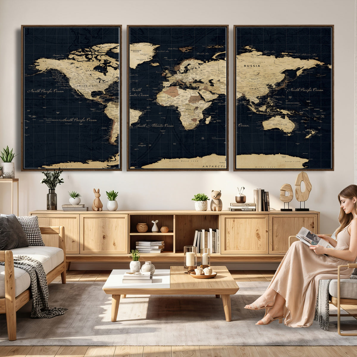 45063434-MGV-CV-36X24 - Dark World Map Canvas Wall Art Print, Minimal Black and Gold Map
