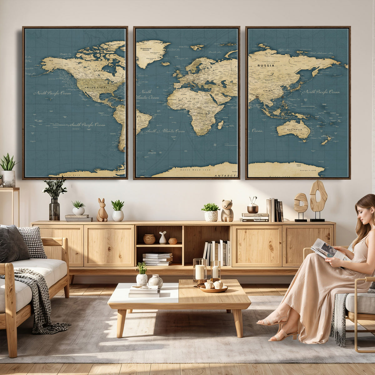 99599383-MGV-CV-36X24 - Minimal Vintage World Map Canvas Wall Art Print, Neutral