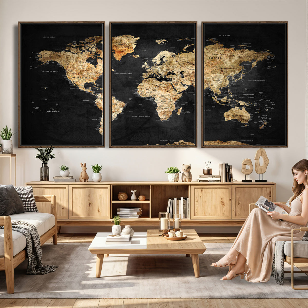 23568589-MGV-CV-36X24 - World Map Wall Art Canvas Print, Modern Decorative Framed Map Artwork Prints for Living Room, Office, Bedroom Wall Decor