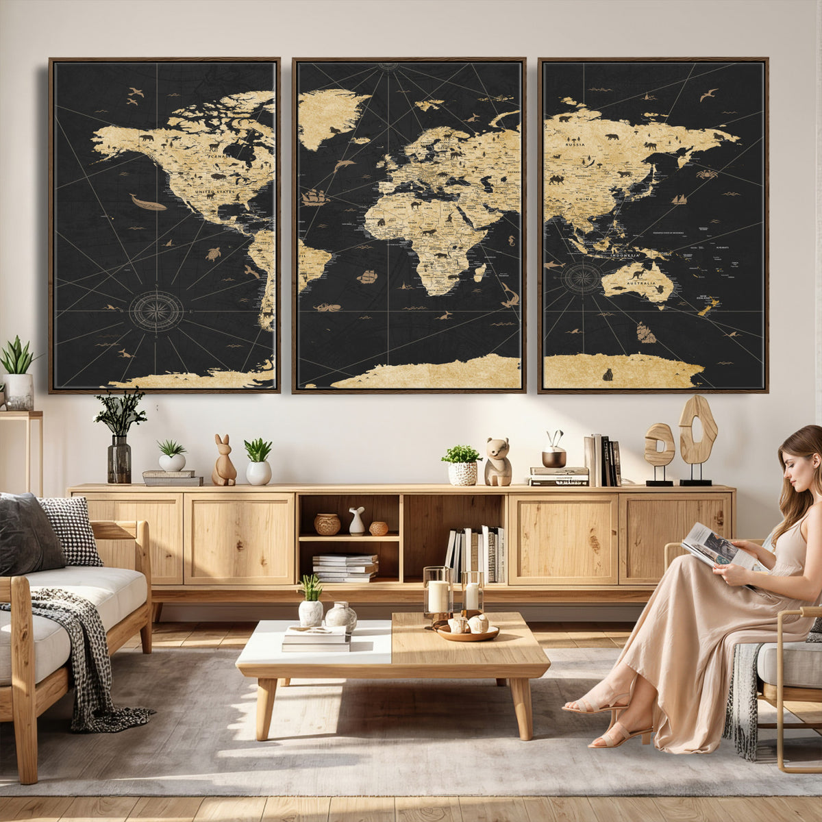 80270976-MGV-CV-36X24 - World Map Wall Art Canvas Print, Modern Decorative Framed Map Artwork Prints for Living Room, Office, Bedroom Wall Decor