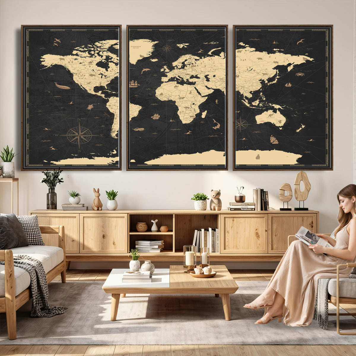 75220264-MGV-CV-36X24 - World Map Wall Art Canvas Print, Modern Decorative Framed Map Artwork Prints for Living Room, Office, Bedroom Wall Decor