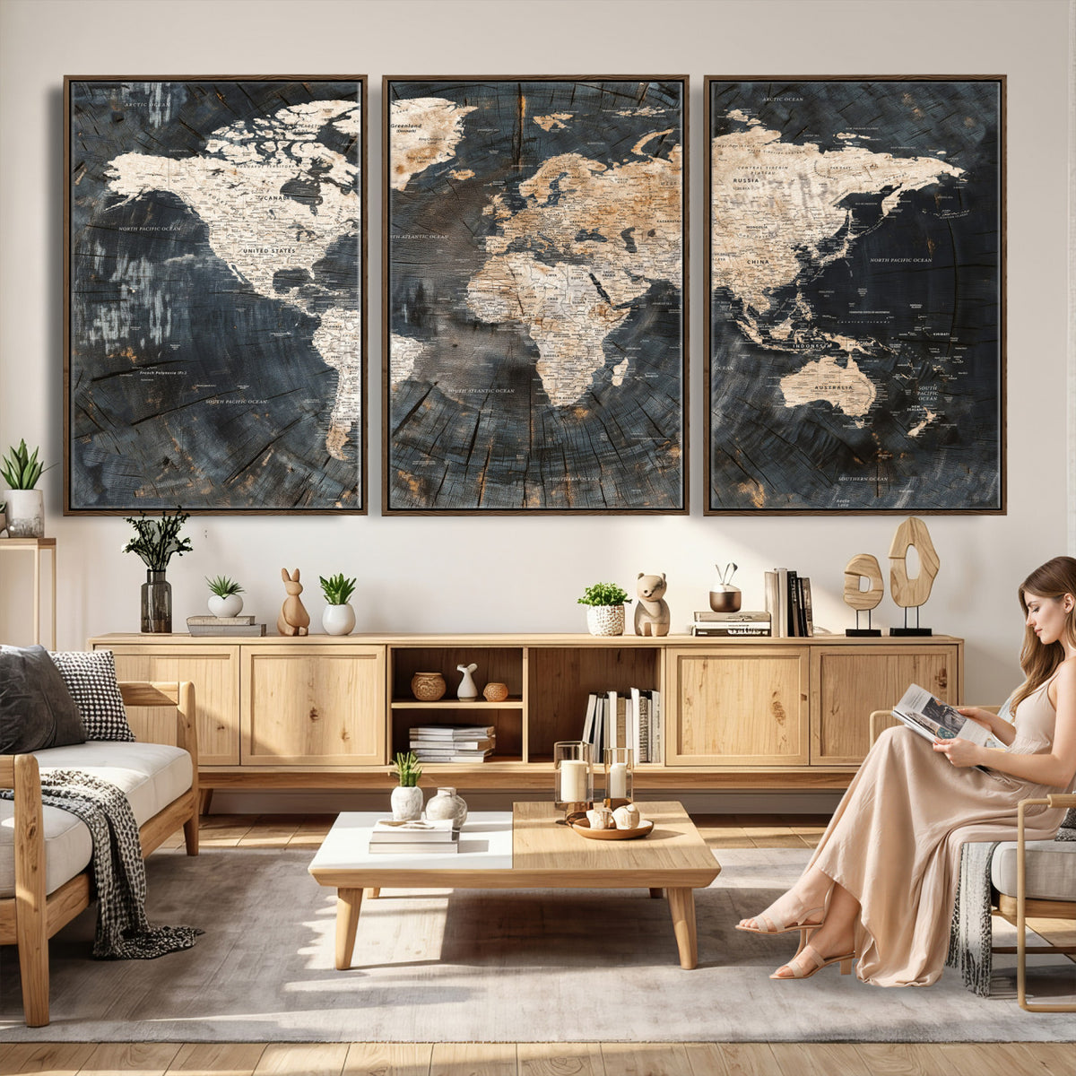 89162112-MGV-CV-36X24 - World Map Wall Art Canvas Print, Modern Decorative Framed Map Artwork Prints for Living Room, Office, Bedroom Wall Decor