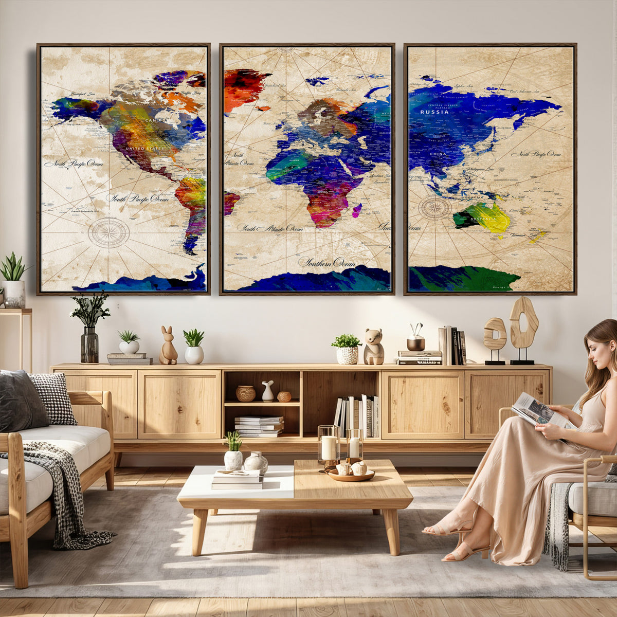 26284075-MGV-CV-36X24 - World Map Wall Art Canvas Print, Modern Decorative Framed Map Artwork Prints for Living Room, Office, Bedroom Wall Decor