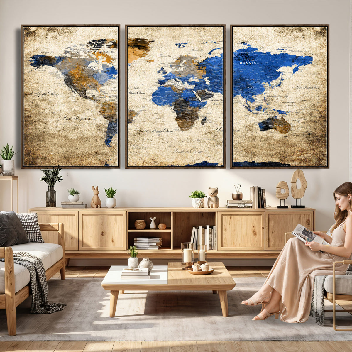 27314341-MGV-CV-36X24 - World Map Wall Art Canvas Print, Modern Decorative Framed Map Artwork Prints for Living Room, Office, Bedroom Wall Decor
