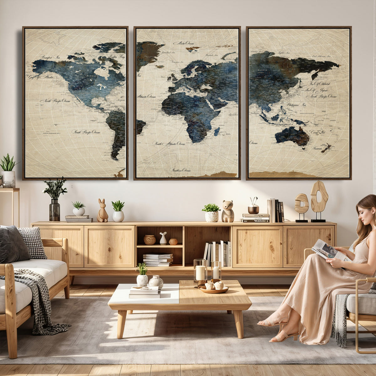 72927803-MGV-CV-36X24 - World Map Wall Art Canvas Print, Modern Decorative Framed Map Artwork Prints for Living Room, Office, Bedroom Wall Decor