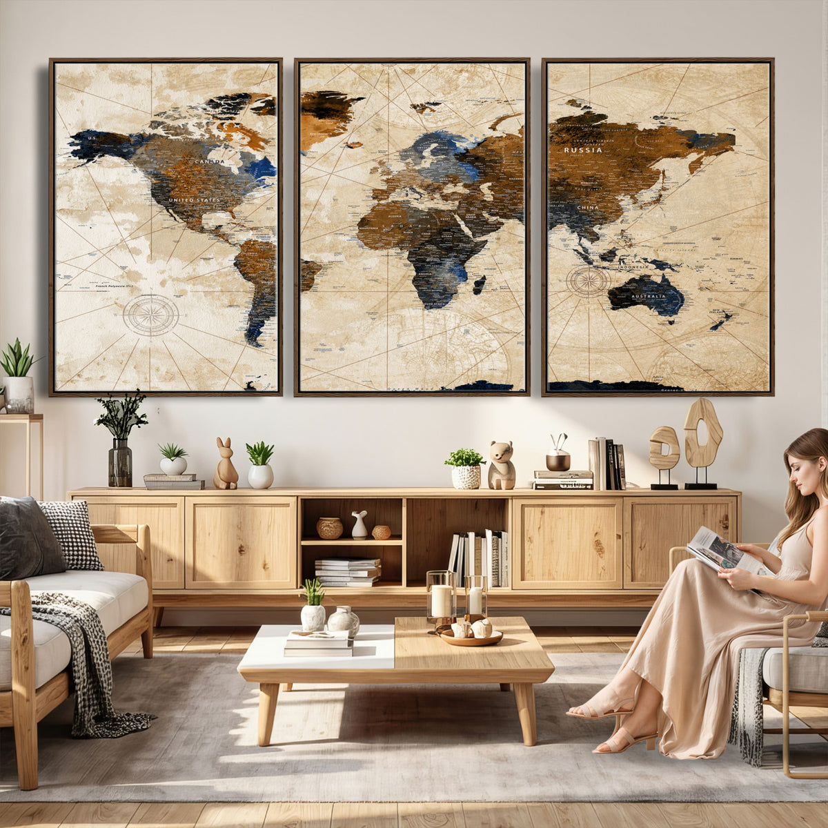 15727090-MGV-CV-36X24 - World Map Wall Art Canvas Print, Modern Decorative Framed Map Artwork Prints for Living Room, Office, Bedroom Wall Decor